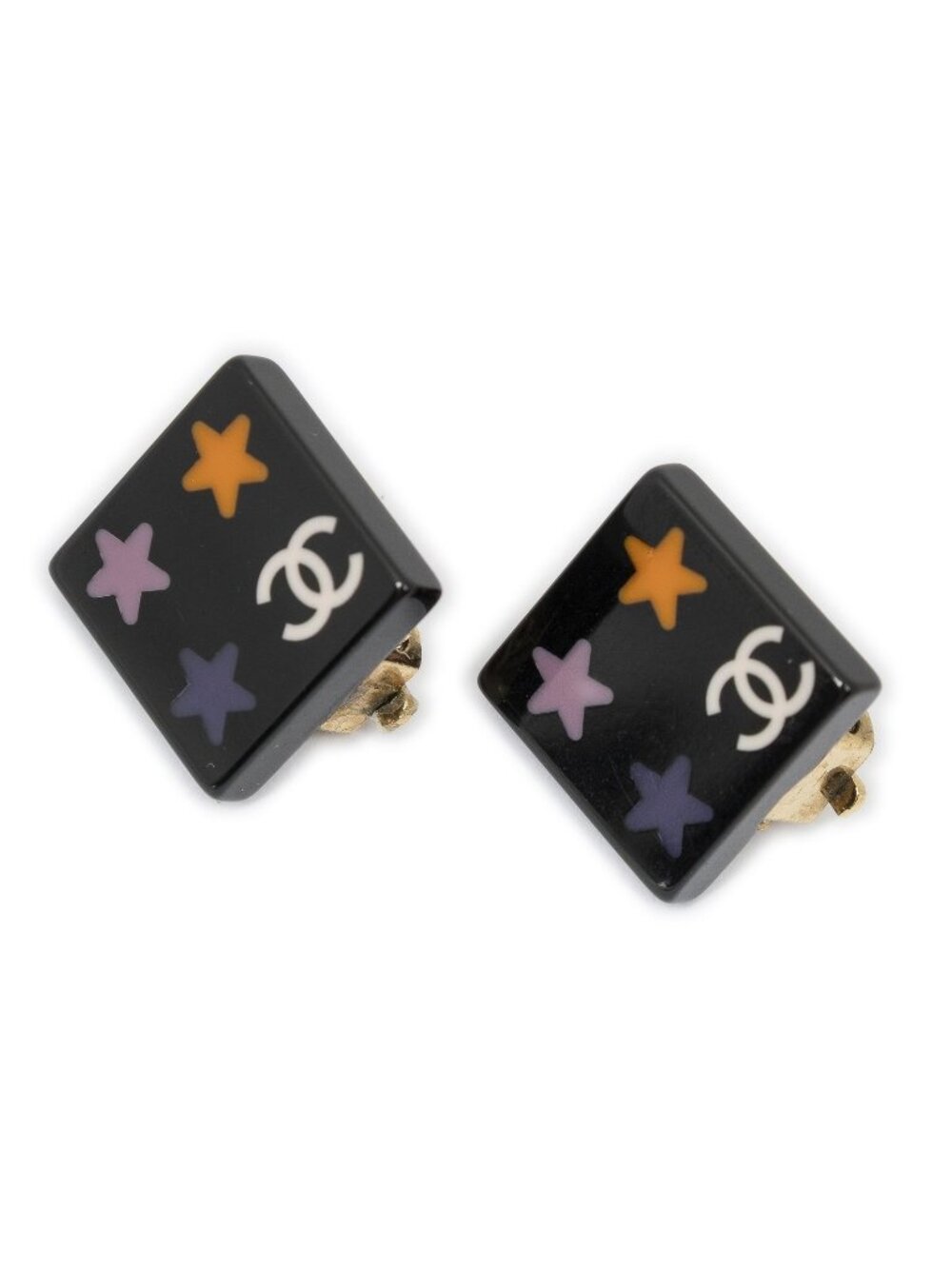Chanel CC Logo Square Clip-On Earrings Black Resin